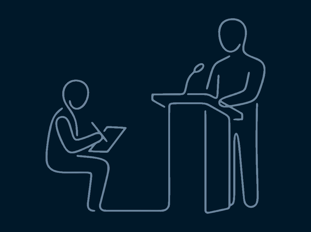 One-line illustration of a speaker at a lectern and a seated Ah-Counter taking notes during a Toastmasters meeting