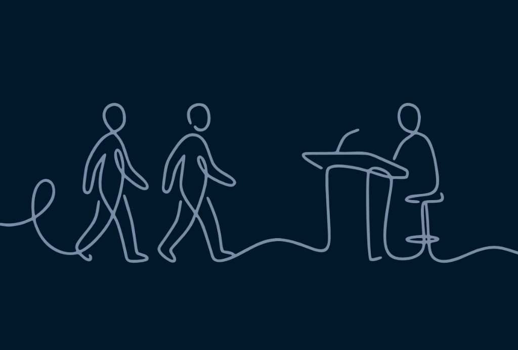 One-line illustration of members approaching a lectern to sign up for Toastmasters meeting roles