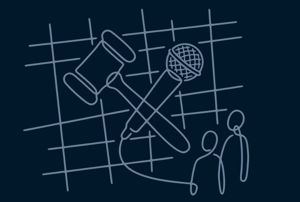 Line illustration of a crossed gavel and microphone over a hand-drawn grid, with two member silhouettes—Toastmasters meetings held together by spreadsheets