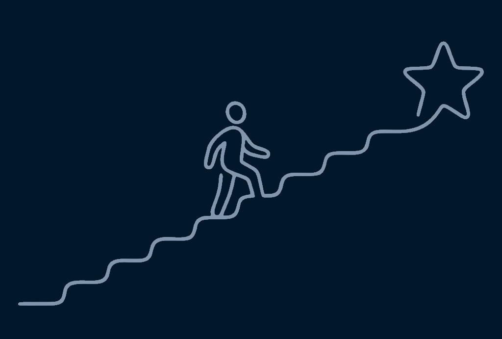 One-line illustration of a figure climbing stairs toward a star, symbolizing steady progress toward Toastmasters DCP goals