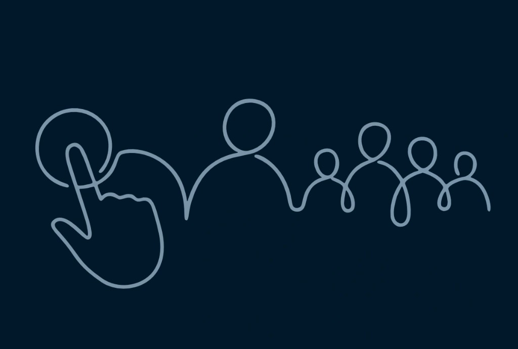 One-line illustration of a hand tapping to sign up, leading to a group of members, symbolizing simple sign-ups and fuller Toastmasters meetings