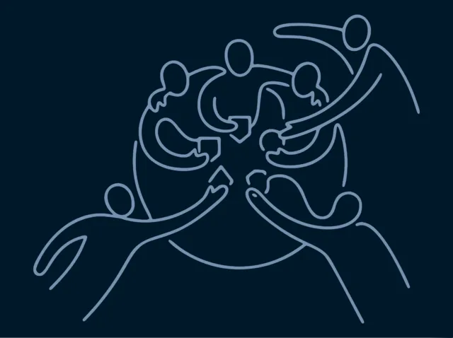 Line illustration of six figures reaching into a shared circle, symbolizing inclusive Toastmasters participation beyond the usual core group
