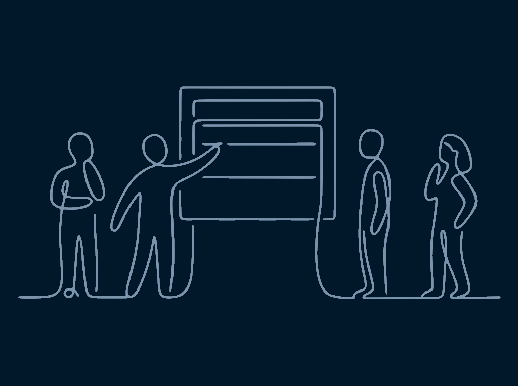 One-line illustration of club members gathered around a meeting agenda board