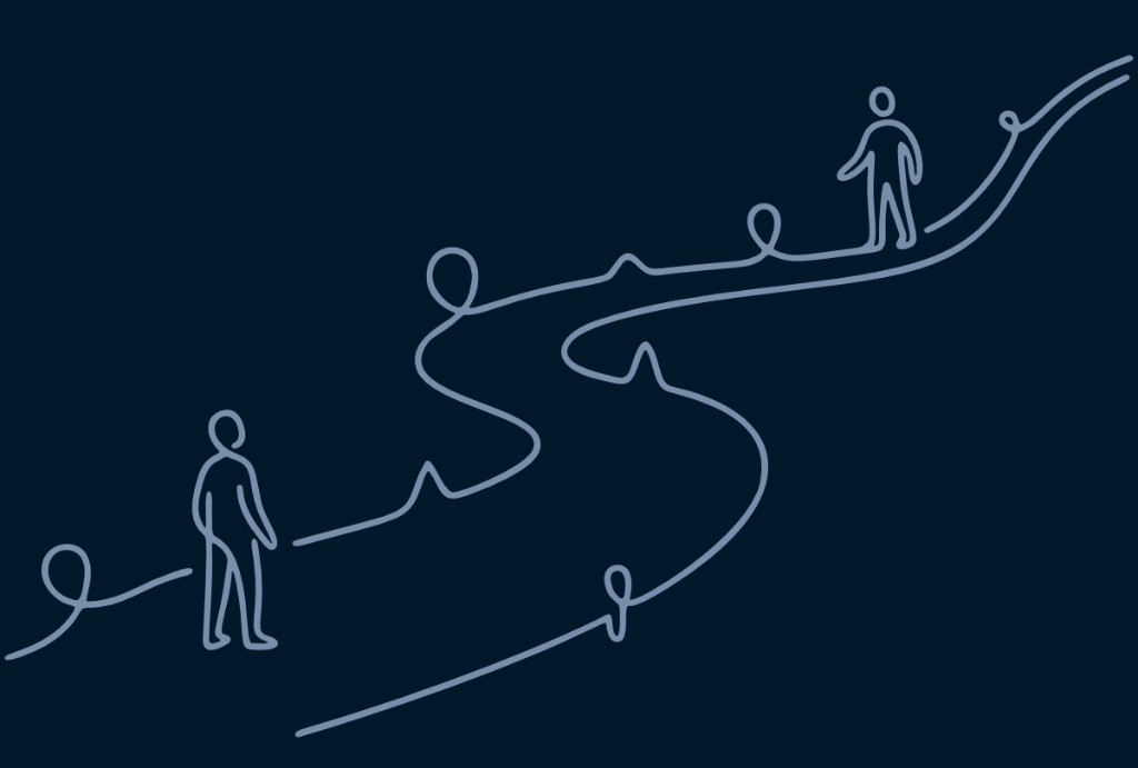 One-line illustration of a winding path with two figures, symbolizing the difficult VPE journey and officer burnout